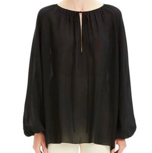 Theory 100% Silk Gathered Slit Neck Black Tie Front Blouse Size Small